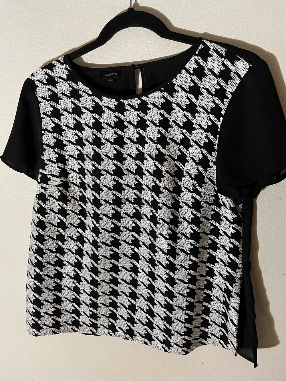Talbots Black and White Houndstooth Short Sleeve Top